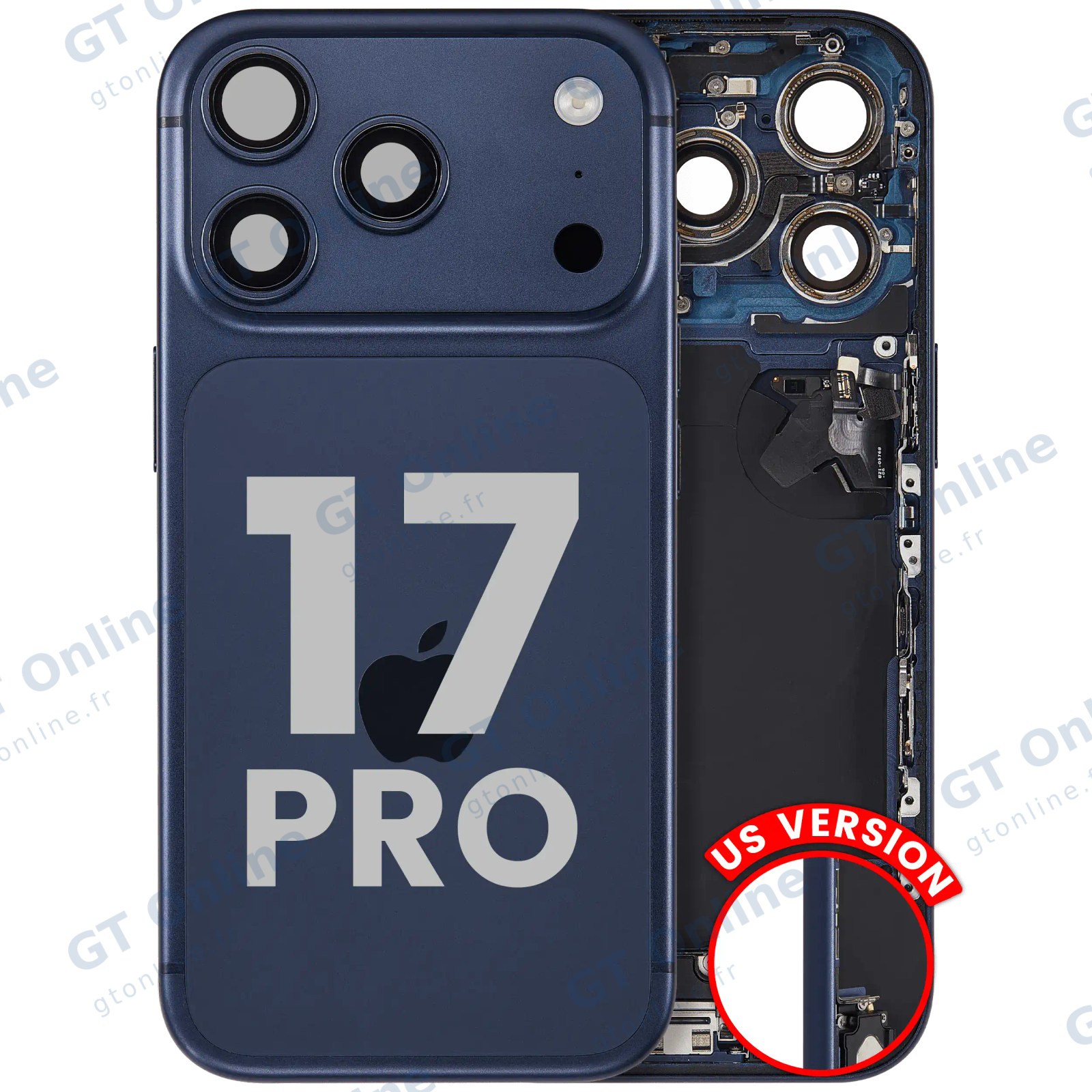 Châssis arrière pour Apple iPhone 17 Pro avec nappe de charge (version US, origine d'occasion — grade A, bleu profond)