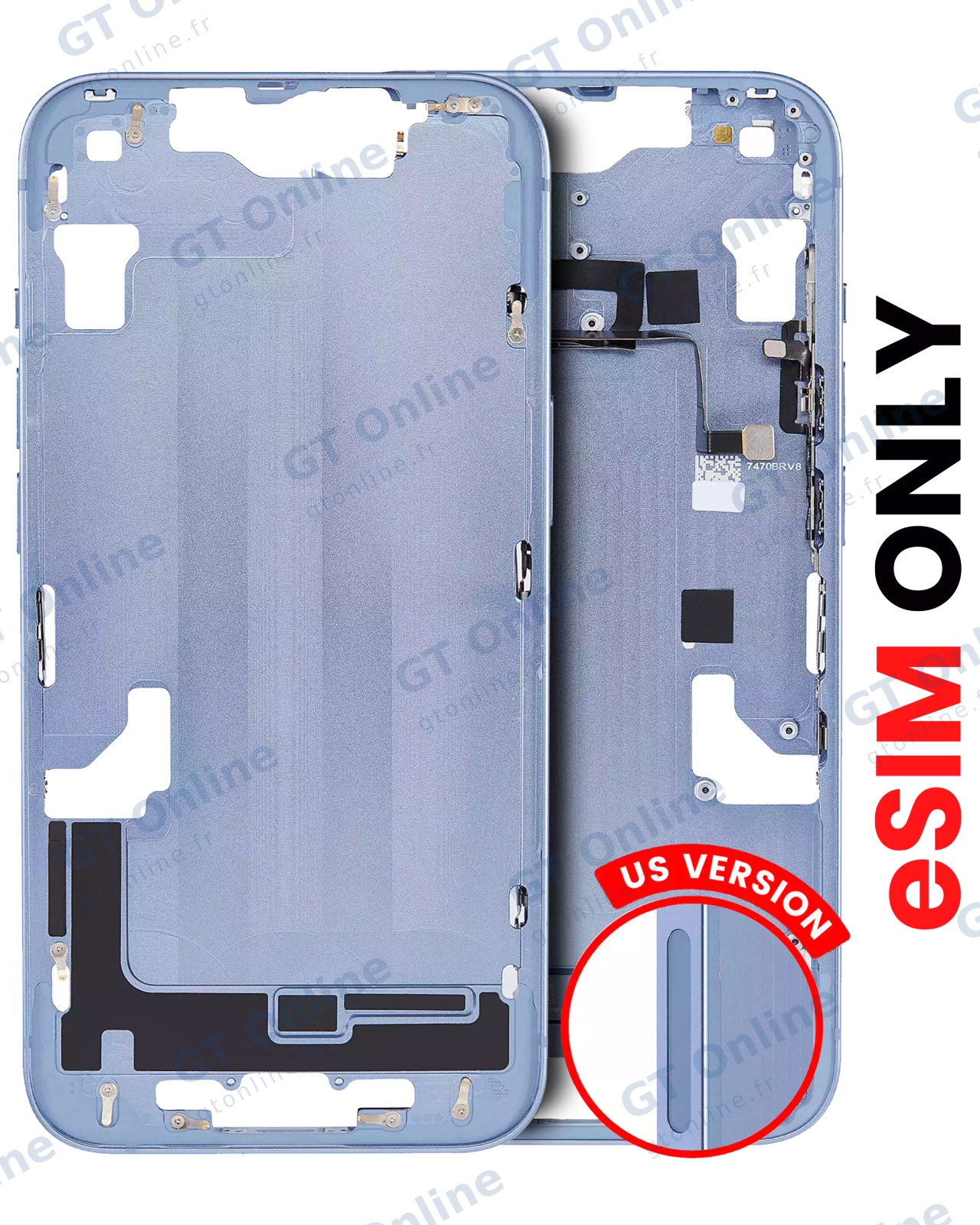 Châssis avec petits composants pour Apple iPhone 14 (version US, eSIM uniquement, compatible, bleu)