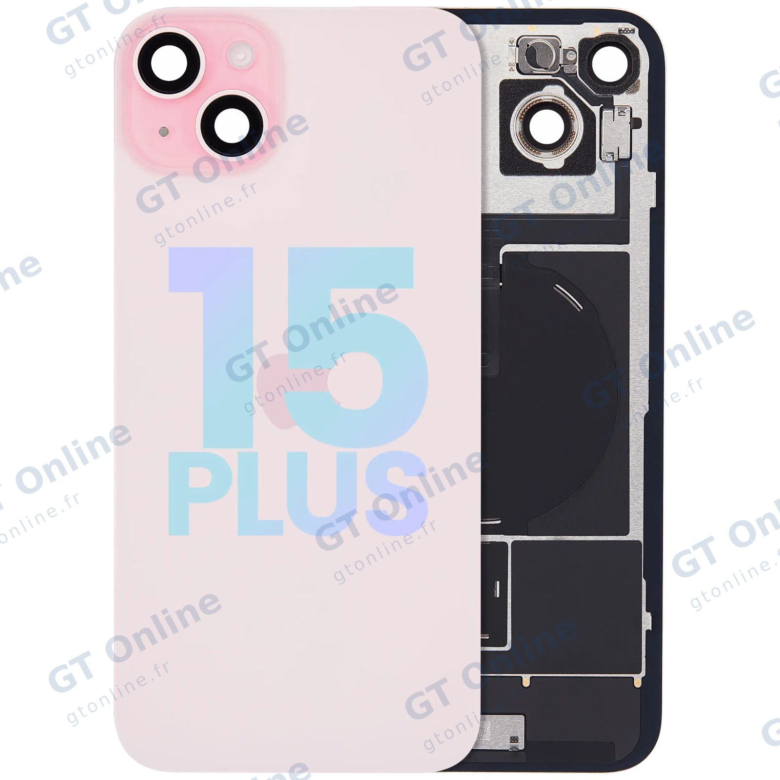 Vitre arrière avec MagSafe, NFC et nappe flash pour Apple iPhone 15 Plus (pack service origine, rose)