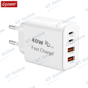 Chargeur Secteur Multi d-power J8269 40W PD3.0 (2x Type-C + 2x USB) Blanc