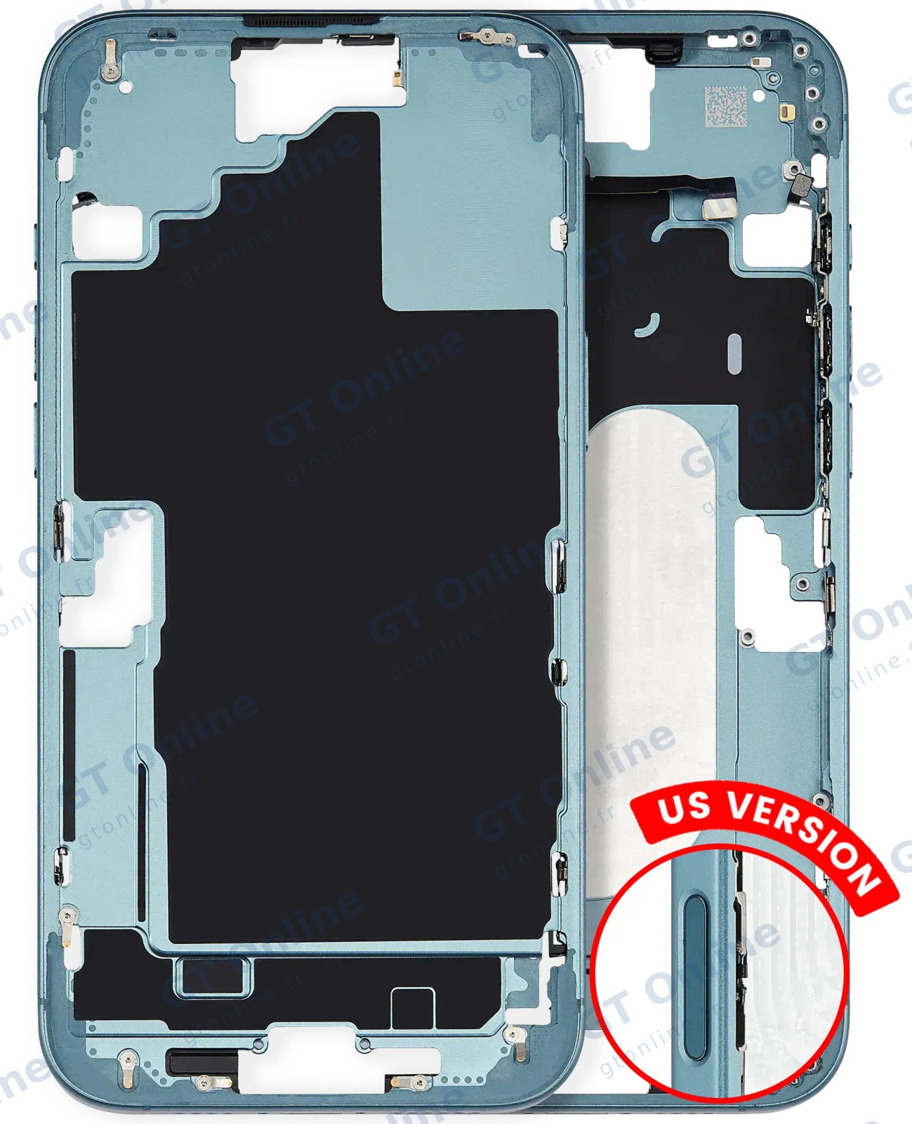 Châssis pour Apple iPhone 16 Plus (version US, origine d'occasion — grade A, turquoise) — Châssis central avec petites pièces