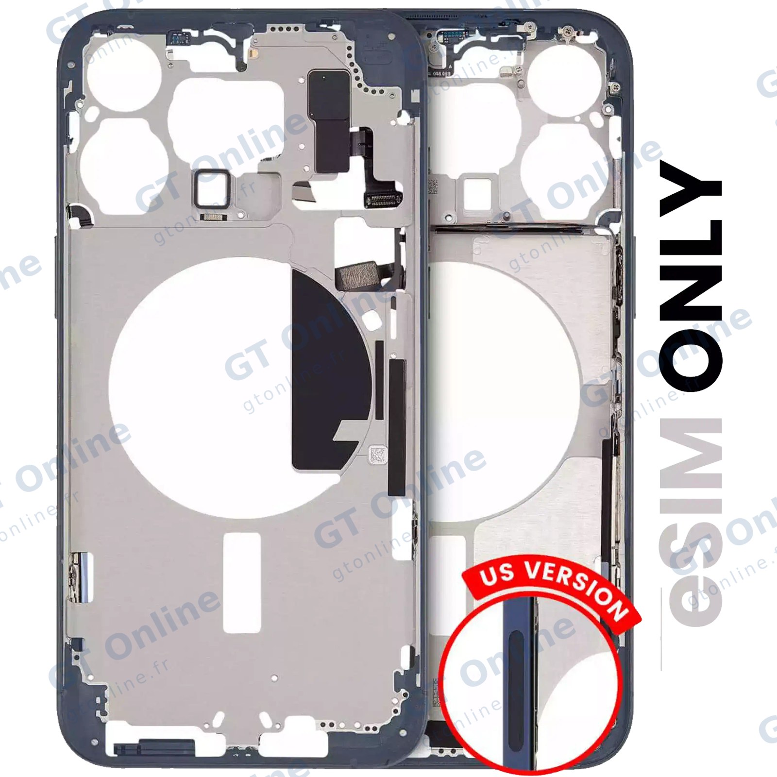 Châssis pour Apple iPhone 15 Pro Max (version US, origine d'occasion — grade A, Blue Titanium) — Châssis central avec petites pièces