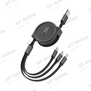 Câble de Charge Rétractable USB vers Type-C + MicroUSB + Lightning (1.1m) Noir