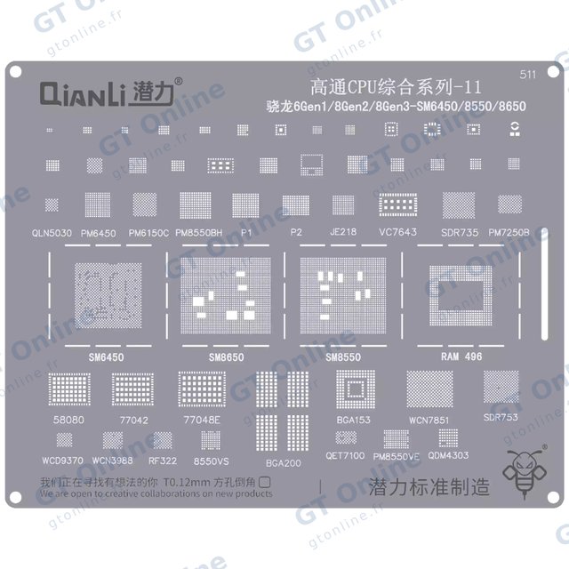 Outillage pour Qianli Bumblebee Stencil (QS511) Qualcomm CPU 11-Snapdragon 6Gen1 / 8Gen2 / 8Gen3-SM6450 / 8550 / 8650 (Qianli)