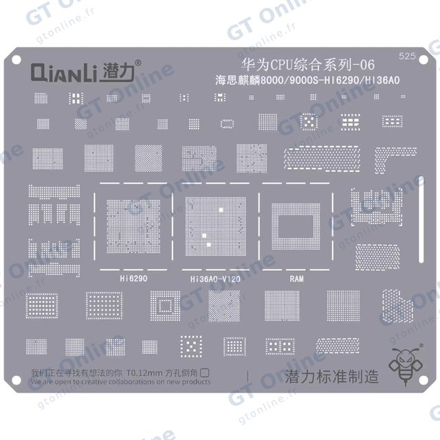 Pochoir de rebillage Qianli Bumblebee QS525 CPU Huawei 06 — Kirin 8000/9000S (HI6290/HI36AO)