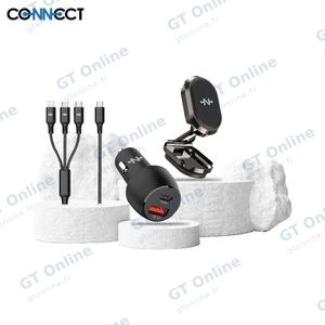 Pack Voiture CONNECT (Support Smartphone Magnétique 360° + Chargeur Allume-Cigare 48W + Câble de Charge 3A 3-en-1) Noir
