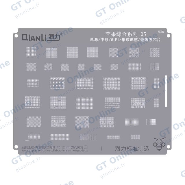 Pochoir de rebillage Qianli Bumblebee QS536 Apple 05 — alimentation/MF/Wi-Fi/inductance intégrée/IC ondes millimétriques