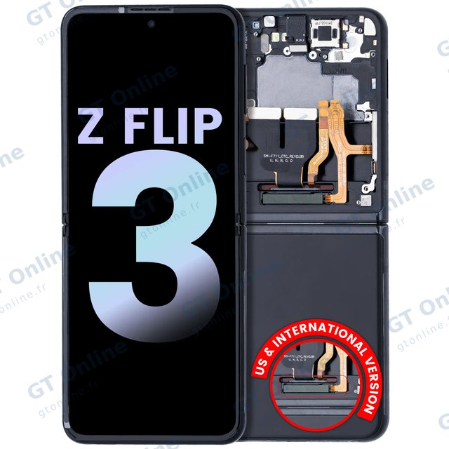 Écran OLED intérieur avec châssis pour Samsung Galaxy Z Flip 3 5G (version US & internationale, pack service origine, noir fantôme)
