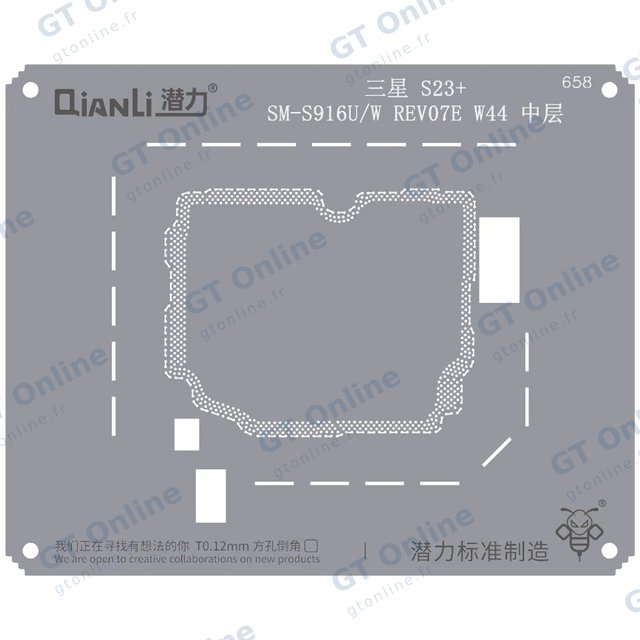 Pochoir de rebillage Qianli Bumblebee QS658 pour couche intermédiaire Samsung S23 Plus (SM-S916U/W REV07E W44)