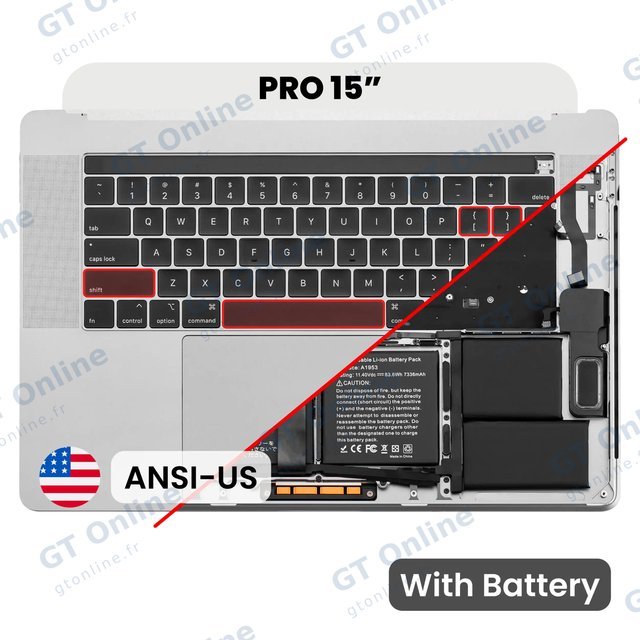 Châssis supérieur avec batterie et clavier ANSI US pour Apple MacBook Pro 15" A1990 (2018-2019) (origine d'occasion, argent) — réf. 107082065923