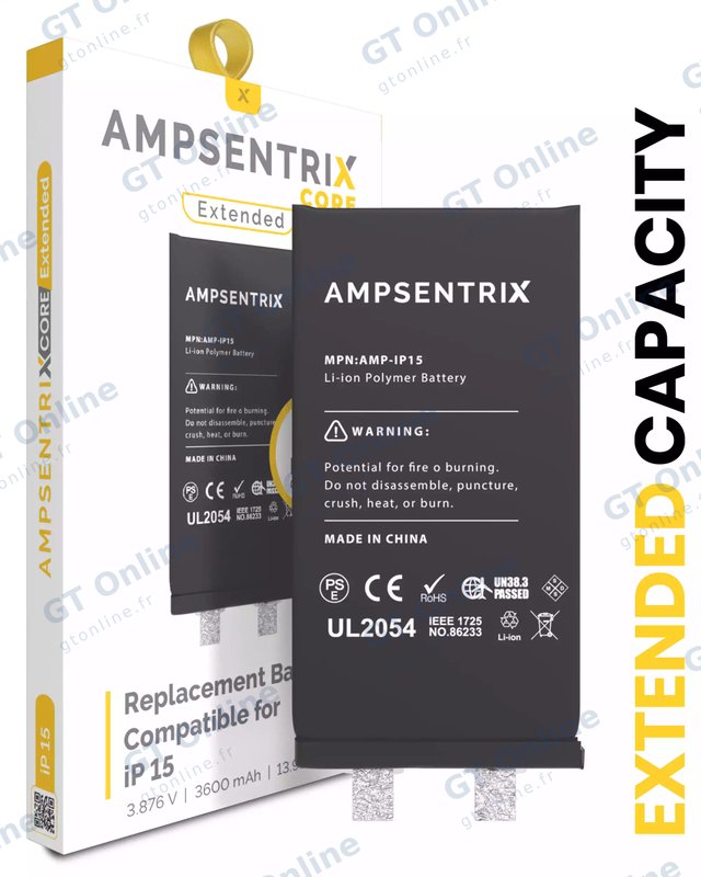 Batterie nue à souder pour Apple iPhone 15 (soudure par points requise, AmpSentrix Core Extended)