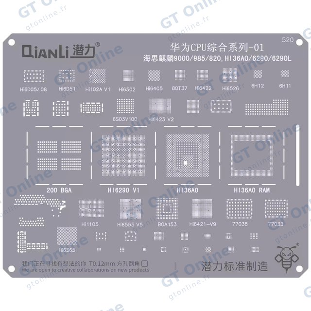 Pochoir de rebillage Qianli Bumblebee QS520 CPU Huawei 01 — Kirin 9000/985/820 (HI36AO/6290/6290L)