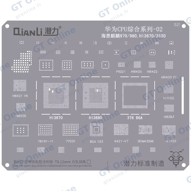 Pochoir de rebillage Qianli Bumblebee QS521 CPU Huawei 02 — Kirin 970/980 (HI3670/3680)