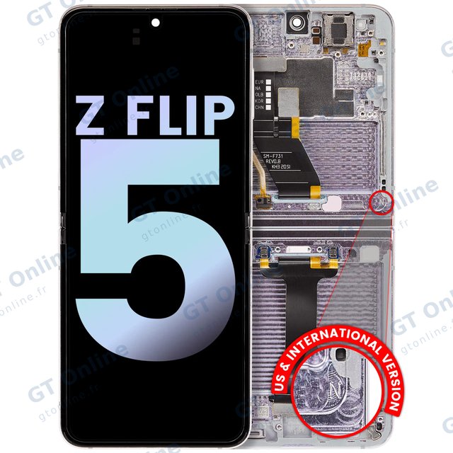 Écran OLED intérieur avec châssis pour Samsung Galaxy Z Flip 5 5G (version US & internationale, pack service origine, Lavender)