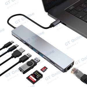 Hub USB-C (8-en-1) vers HDMI 4K + Ethernet RJ45 + USB-C x2 + USB-A x2 + SD/TF(micro SD) - Gris — vue 2