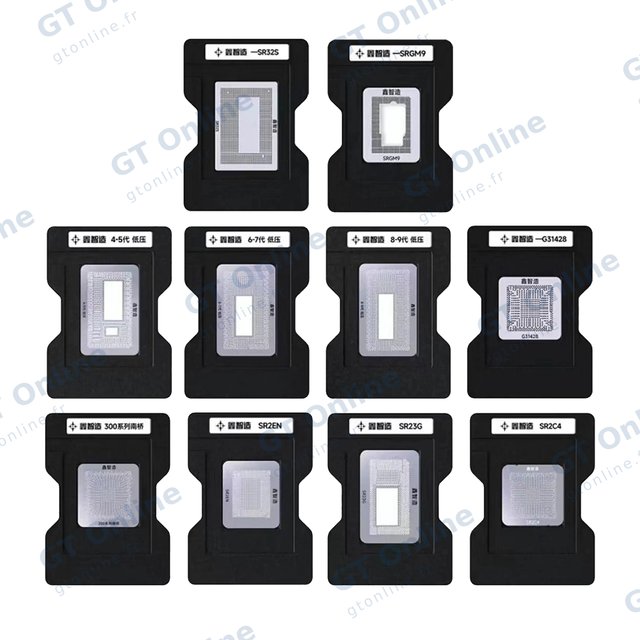 Kit de rebillage BGA CPU 10-en-1 (plateforme et pochoirs) pour MacBook — SR40B/SR2EN/SR23G/SSR2C4/G31428/SRGM9/SR32S