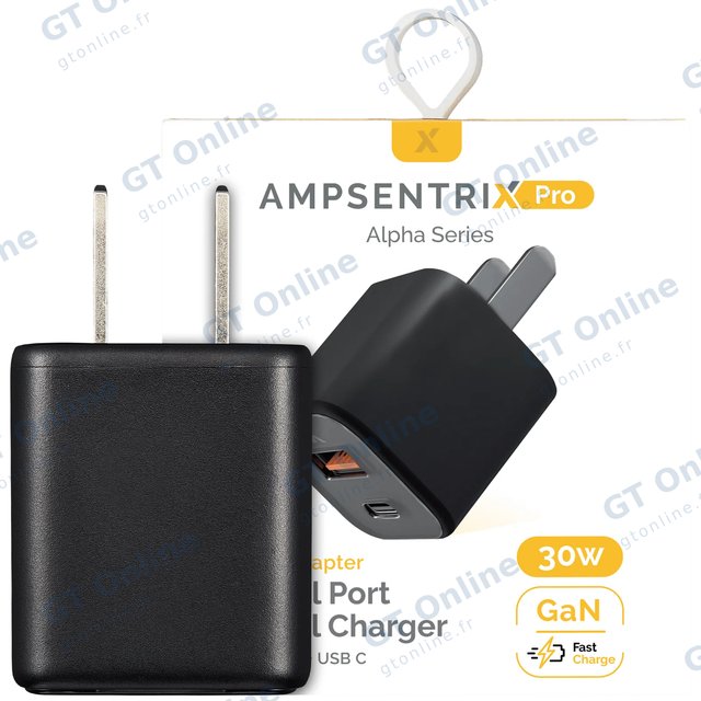 Chargeur secteur AmpSentrix Pro 30W 2-in-1 USB-C / USB-A GaN (titane noir)