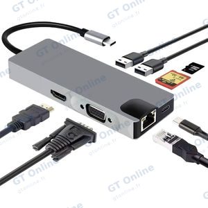 Hub USB-C (8-en-1) vers HDMI 4K + Ethernet RJ45 + USB-C + USB 3.0 x2 + VGA + SD/TF (micro SD) - Gris — vue 2