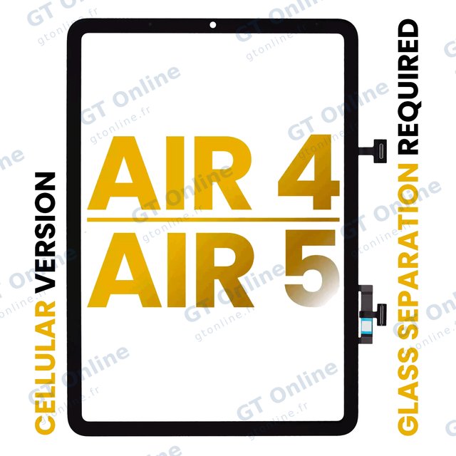 Vitre tactile pour Apple iPad Air 4 / Air 5 (OCA préinstallé, séparation de la vitre requise, premium, toutes couleurs, version cellulaire)
