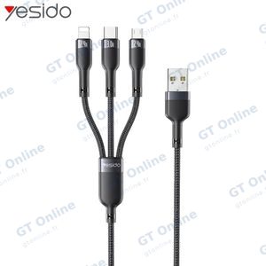 Câble Data Multi USB vers Type-C + MicroUSB + Lightning Yesido CA91 (1m) Noir