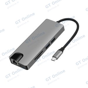 Hub USB-C (8-en-1) vers HDMI 4K + Ethernet RJ45 + USB-C + USB 3.0 x2 + VGA + SD/TF (micro SD) - Gris