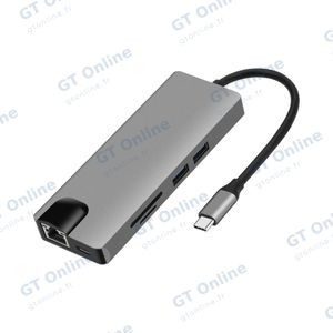 Hub USB-C (8-en-1) vers HDMI 4K + Ethernet RJ45 + USB-C + USB 3.0 x2 + VGA + SD/TF (micro SD) - Gris