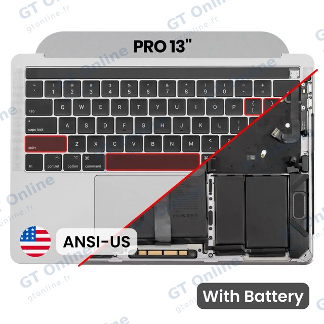 Châssis supérieur avec batterie et clavier ANSI US pour Apple MacBook Pro 13" A1989 (2018-2019) (origine d'occasion, argent) — réf. 107082073499