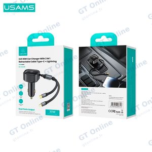 Chargeur Allume-Cigare Usams US-CC219 C41 30W avec Cable Rétractable 2 en 1 (Type-C + Lightning) Noir — vue 3