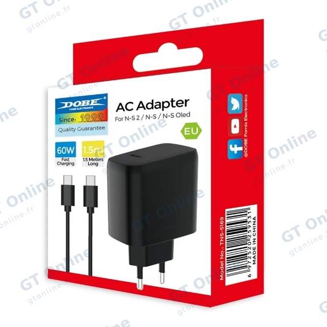 Adaptateur secteur USB-C avec câble USB-C pour Nintendo Switch / Switch 2 DOBE TNS-5169 — noir
