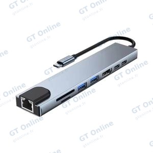 Hub USB-C (8-en-1) vers HDMI 4K + Ethernet RJ45 + USB-C x2 + USB-A x2 + SD/TF(micro SD) - Gris