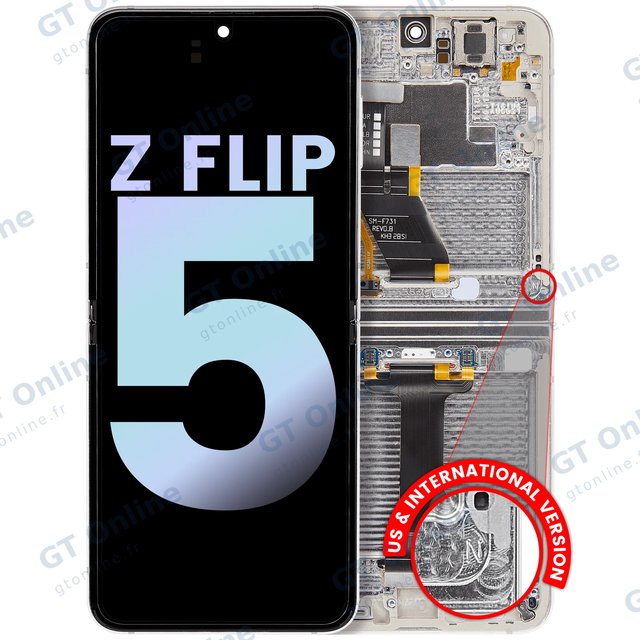 Écran OLED intérieur avec châssis pour Samsung Galaxy Z Flip 5 5G (version US & internationale, pack service origine, Cream)