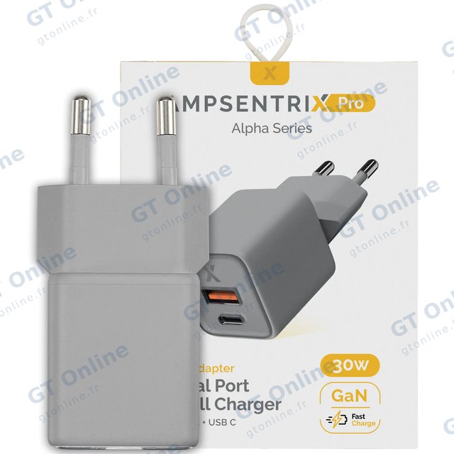 Chargeur secteur AmpSentrix Pro 30W 2-in-1 USB-C / USB-A GaN (prise EU, 220 V, titane naturel)