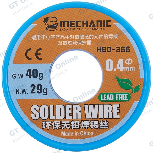 Fil d’étain à âme en colophane Mechanic 0,4 mm (sans plomb)