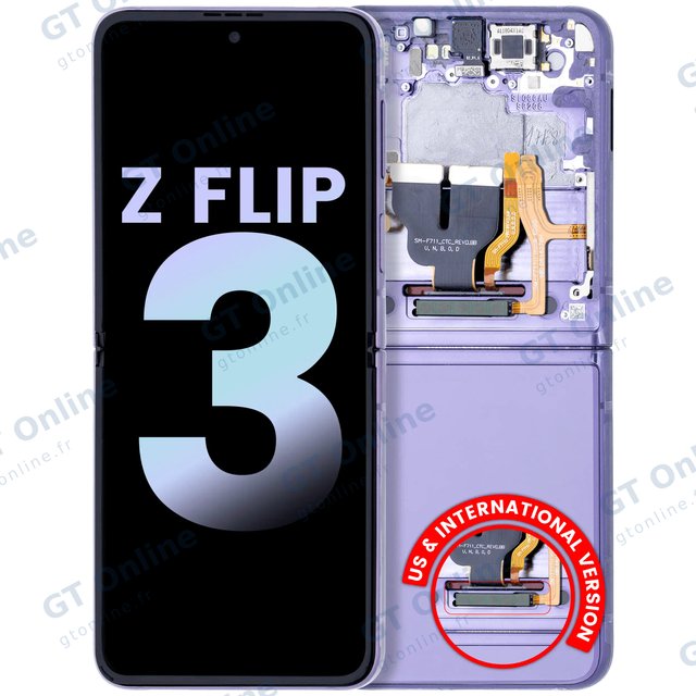 Écran OLED intérieur avec châssis pour Samsung Galaxy Z Flip 3 5G (version US & internationale, pack service origine, Lavender)