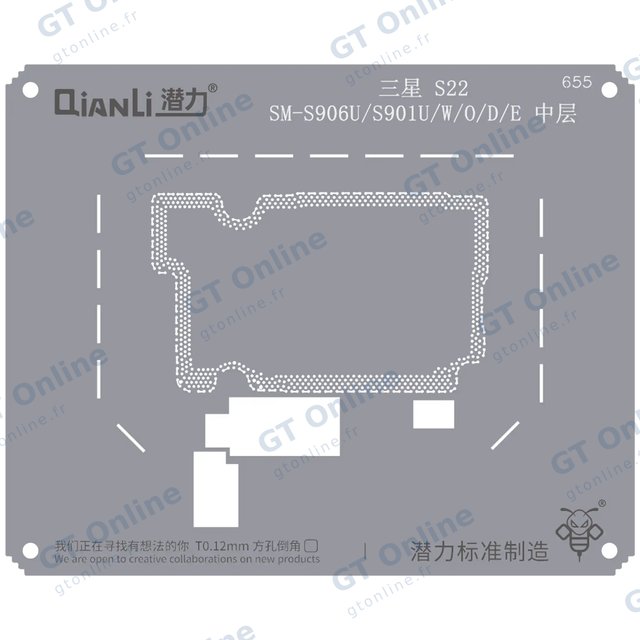 Pochoir de rebillage Qianli Bumblebee QS655 pour couche intermédiaire Samsung S22 (SM-S906U/S901U/W/O/D/E)