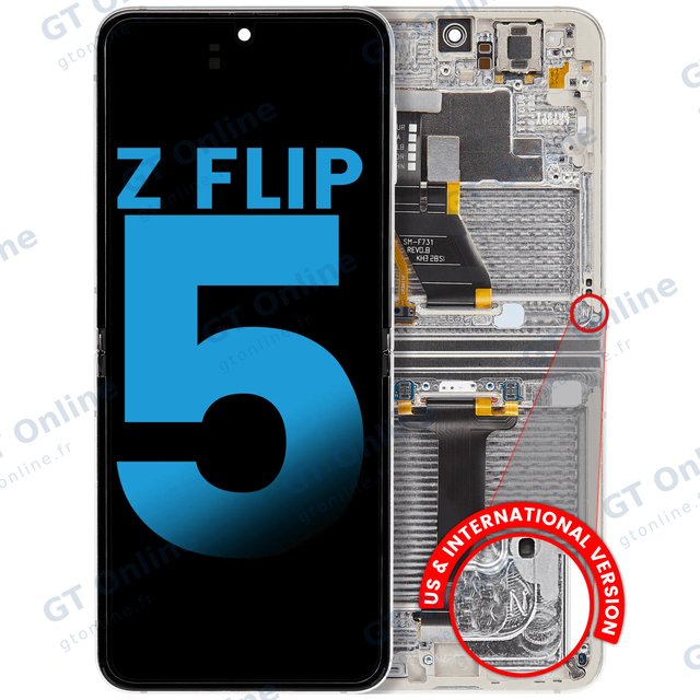 Écran OLED intérieur avec châssis pour Samsung Galaxy Z Flip 5 5G (F731) (version US & internationale, compatible, Cream)