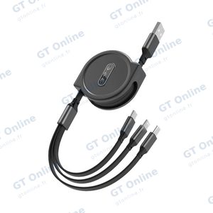 Câble de Charge Rétractable USB vers Type-C + MicroUSB + Lightning (1.1m) Noir